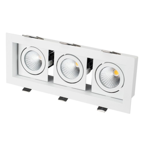 Светильник CL-KARDAN-S260x102-3x9W White (WH, 38 deg) (Arlight, IP20 Металл, 3 года) Встраиваемый карданный светильник. Угол 38° / 3x9Вт / БЕЛЫЙ 6000K / 2240лм, CRI>80. Корпус из белого алюминия. Питание AC180-240V, 27Вт, в комплекте 3 драйвера 200mA 30-45V. Размеры LxWxH: 260х102x85мм, отверстие для установки 240x85мм.