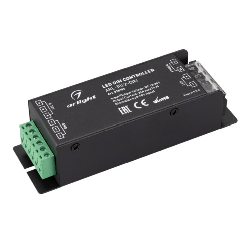 Диммер ARL-3022-DIM (12-24V, 1x25A, 0-10V) (Arlight, IP20 Металл, 3 года) Диммер для управления яркостью одноцветных светодиодных лент. Применяется вместе с панелями с выходом 0-10V (до 30 шт от одной панели). Питание 12-24 В, максимальный ток 25А, вход диммирования 0-10В. Габариты:127х42х33 мм. Управление ПДУ возможно при использовании RF/0-10V конвертера SMART 025036.