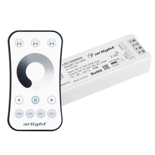 Диммер SMART-DIM-SET-RING (12-24V, 1x8A, ПДУ 2.4G) (Arlight, IP20 Пластик, 5 лет) Комплект диммера с пультом для одноцветной светодиодной ленты (ШИМ). Питание/рабочее напряжение 12-24VDC, максимальный ток 8A на канал, 1 канал, максимальная мощность 96-192W. Функция Push-switch. Габариты диммера 97x33x18 мм, габариты пульта 107x58.5x9 мм.