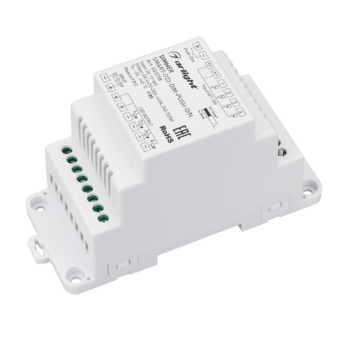 Диммер SMART-D23-DIM-PUSH-DIN (12-36V, 4x5A, 0/1-10V) (Arlight, IP20 Пластик, 5 лет) Диммер для одноцветных источников света (0/1-10V), предназначенный для установки на DIN-рейку. Синхронное управление 4 каналами. Питание/рабочее напряжение 12-36VDC, входной/выходной ток 4х5А, выходная мощность 240-720W. Корпус - PVC. Габариты 110х67х45 мм.