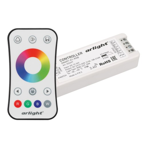 Контроллер SMART-RGB-SET-RING (12-24V, 3x3A, ПДУ 2.4G) (Arlight, IP20 Пластик, 5 лет) Комплект контроллер с пультом для RGB светодиодной ленты (ШИМ). Питание/рабочее напряжение 12-24VDC, максимальный ток 3A на канал, 3 канала, максимальная мощность 108-216W. Габариты контроллера 97x33x18 мм, габариты пульта 107x58.5x9 мм.