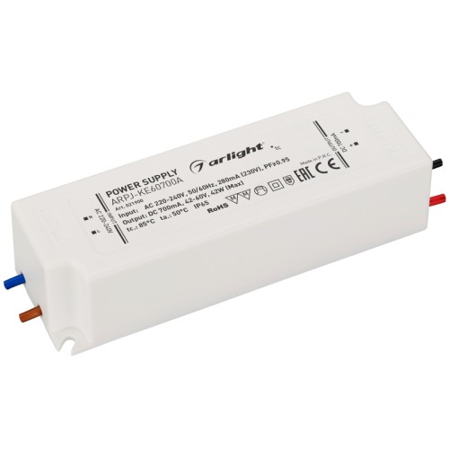 Блок питания ARPJ-KE60700A (42W, 700mA, PFC) (Arlight, IP65 Пластик, 5 лет) Источник тока с гальванической развязкой для светильников и мощных светодиодов. Входное напряжение 220-240 VAC. Выходные параметры: 42-60 В, 700 mА, 42 Вт. Встроенный PFC >0.95. Герметичный пластиковый корпус IP 65. Рабочая температура -30…+50C⁰. Габаритные размеры длина 122 мм, ширина 42.5 мм, высота 30 мм. Гарантийный срок 5 лет.