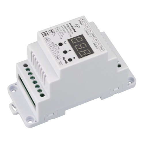 Конвертер SMART-K39-DMX (12-24V, 0/1-10V, DIN) (Arlight, Металл) Конвертер сигнала DMX512 в 0/1-10V. Вход - DMX512, выход 0-10V и 1-10V (по выбору), напряжение питания DC 12-24V. На выходе 4 канала, ток нагрузки 20мА на канал. На корпусе цифровой монитор. Габариты 110х67х48 мм. Для использования на DIN-рейке.
