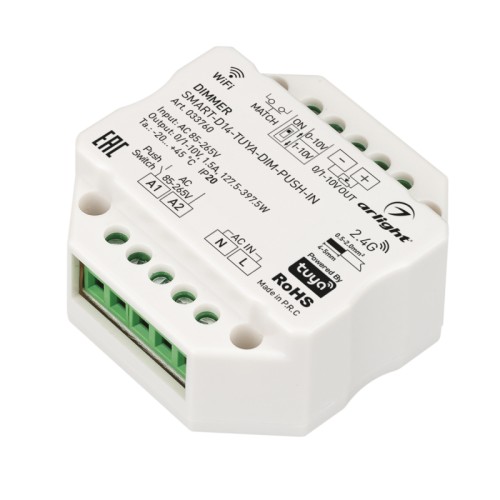 Диммер SMART-D14-TUYA-DIM-PUSH-IN (230V, 1.5A, 0/1-10V, 2.4G) (Arlight, IP20 Пластик, 5 лет) Диммер для одноцветных источников света (0/1-10V). Питание/рабочее напряжение AC 85-265V, выходной ток 1.5А, выходная мощность (127.5-397.5)W. DIP переключатель 0-10V/1-10V. Корпус - PVC. Габариты 52х52х26 мм, встраивается в стандартный подрозетник. Управление 2.4G+WiFi, интерфейс Tuya, Push-Dim.