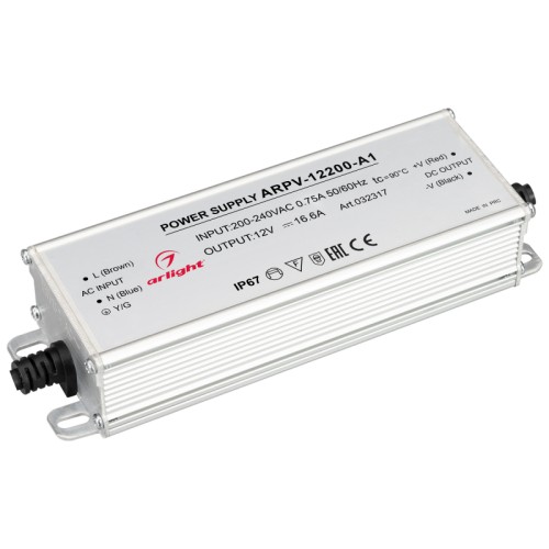 Блок питания ARPV-12200-A1 (12V, 16.6A, 200W) (Arlight, IP67 Металл, 3 года) Источник напряжения с гальванической развязкой для светодиодных изделий. Входное напряжение 200-240 VAC. Выходные параметры: 12 В, 16,7 А, 200 Вт. Встроенный PFC >0,5. Герметичный алюминиевый корпус IP 67. Рабочая температура -40…+70C⁰. Габаритные размеры длина 174 мм, ширина 56 мм, высота 36 мм. Гарантийный срок 3 года.