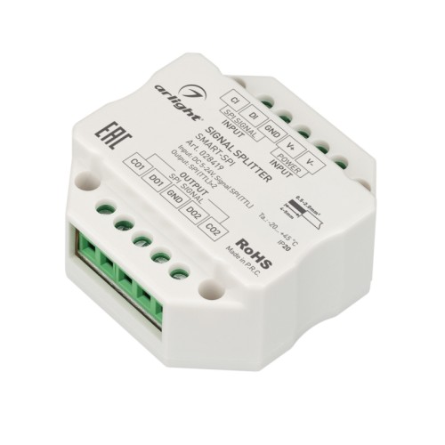 Усилитель SMART-SPI (12-24V, 2 output) (Arlight, IP20 Пластик, 5 лет) Сплиттер сигнала SPI (TTL). Вход - 1 группа SPI (TTL) сигнала, выход - 2 группы SPI (TTL) сигнала. Напряжение питания DC 12-24V. Встраивается в стандартный подрозетник. Габариты 52х52х26 мм.