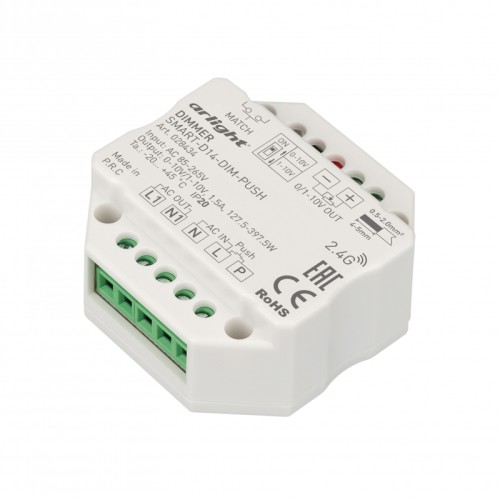 Диммер SMART-D14-DIM-PUSH (230V, 1.5А, 0-10V, 2.4G) (Arlight, IP20 Пластик, 5 лет) Диммер для одноцветных источников света (выход 0/1-10V, реле). Питание/рабочее напряжение AC 85-265V, выходной ток 1.5А (реле), выходная мощность (127.5-397.5)W. DIP переключатель 0-10V/1-10V. Корпус - PVC. Габариты 52х52х26 мм, встраивается в стандартный подрозетник. Управляется Push-Dim кнопкой и пультами SMART.