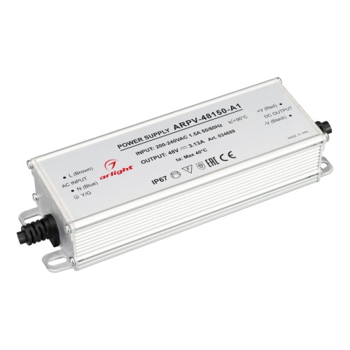 Блок питания ARPV-48150-A1 (48V, 3.13А, 150W) (Arlight, IP67 Металл, 3 года) Источник напряжения с гальванической развязкой для светодиодных изделий. Входное напряжение 200-240 VAC. Выходные параметры: 48 В, 4.16 А, 150 Вт. Встроенный PFC >0,5. Герметичный алюминиевый корпус IP 67. Рабочая температура -40…+70C⁰. Габаритные размеры длина 174 мм, ширина 56 мм, высота 36 мм. Гарантийный срок 3 года.