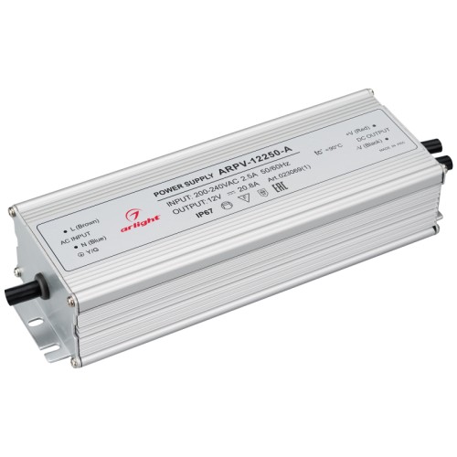 Блок питания ARPV-12250-A (12V, 20.8A, 250W) (Arlight, IP67 Металл, 3 года) Источник напряжения с гальванической развязкой для светодиодных изделий. Входное напряжение 200-240 VAC. Выходные параметры: 12 В, 20,8 А, 250 Вт. Встроенный PFC >0,5. Герметичный алюминиевый корпус IP 67. Рабочая температура -30…+50C⁰. Габаритные размеры длина 219 мм, ширина 74 мм, высота 46 мм. Гарантийный срок 3 года.