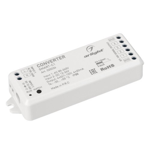 Конвертер SMART-C1 (12V, RF-0/1-10V, 2.4G) (Arlight, IP20 Пластик, 5 лет) Конвертер RF сигнала от пультов серии SMART в сигнал 0-10V. Напряжение питания 12VDC/230VAC, выходной сигнал 0-10V, нагрузочная способность 20mA/канал, 4 канала. Корпус - PVC. Габариты 114х38х20 мм.