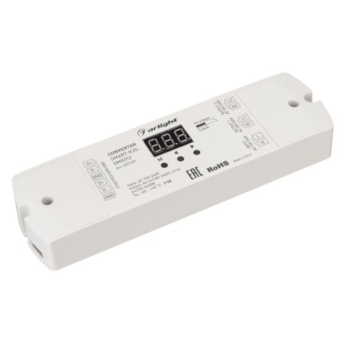 Конвертер SMART-K25-DMX512 (230V, 2x1A, TRIAC) (Arlight, Пластик) Конвертер сигнала DMX512 в TRIAC. Вход - DMX512, выход TRIAC(230V), напряжение питания AC 230V. 2 канала управления, ток нагрузки 2х1А. На корпусе цифровой дисплей. Габариты 170x50x23 мм.