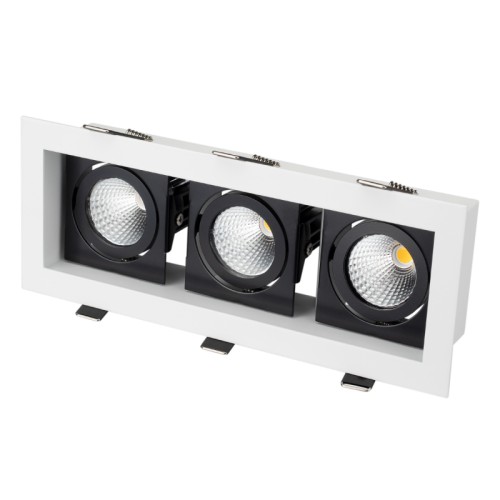 Светильник CL-KARDAN-S260x102-3x9W White (WH-BK, 38 deg) (Arlight, IP20 Металл, 3 года) Встраиваемый карданный светильник. Угол 38° / 3x9Вт / БЕЛЫЙ 6000K / 2240лм, CRI>80. Корпус из белого алюминия с черными вставками. Питание AC180-240V, 27Вт, в комплекте 3 драйвера 200mA 30-45V. Размеры LxWxH: 260х102x85мм, отверстие для установки 240x85мм.