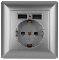  - Розетка ЭРА Intro Solo Schuko P+E 16A 250V со шторками 2хUSB серебро 4-410-03 Б0043405