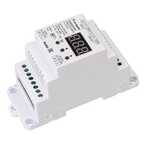 Конвертер SMART-K29-DMX512 (230V, 1x2A, TRIAC, DIN) (Arlight, IP20 Пластик, 5 лет) Конвертер сигнала DMX512 в TRIAC. Вход - DMX512, выход TRIAC(230V), напряжение питания AC 230V. 1 канал управления, ток нагрузки 1х2А. На корпусе цифровой дисплей. Габариты 110x48x67 мм. Для использования на DIN-рейке.