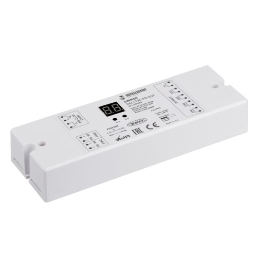 INTELLIGENT ARLIGHT Диммер DALI-104-PD-SUF (12-36V, 4х8А) (IARL, IP20 Пластик, 3 года) Мощный DALI диммер на 4 адреса, для одноцветных или RGBW светодиодных лент, 4 асинхронных канала. Управляется сигналом DALI или кнопками PUSH DIM. Питание\выход 12-36 VDC. Высокая частота ШИМ 1500Гц. Макс.ток 4x8A. Размеры 168x58x28 мм.