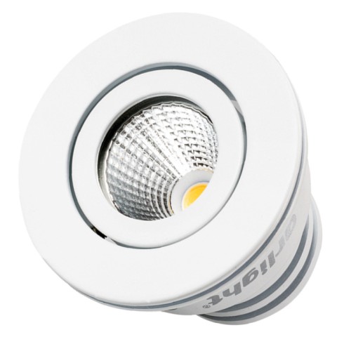 Светодиодный светильник LTM-R50WH 5W Day White 25deg (Arlight, IP40 Металл, 3 года) Врезной круглый мебельный светильник 5Вт, корпус белый алюминий. Цвет ДНЕВНОЙ БЕЛЫЙ 4000K. Светодиод 1х5W Bridgelux. CRI>80, Св.поток 350-400лм, наклоняемая ось, угол 25°. Питание 180-240VAC, 5Вт, 400mA 11-13V, драйвер в комплекте. Размеры d50x50 мм, врезное отверстие d45 мм.