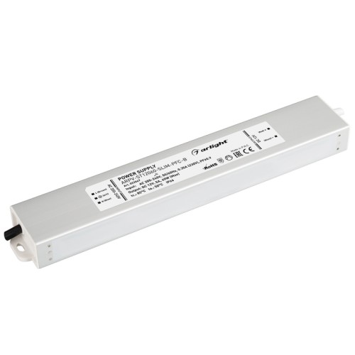 Блок питания ARPV-ST12060-SLIM-PFC-B (12V, 5.0A, 60W) (Arlight, IP67 Металл, 3 года) Источник напряжения с гальванической развязкой для светодиодных изделий. Входное напряжение 200-240 VAC. Выходные параметры: 12 В, 5 А, 60 Вт. Встроенный PFC >0,9. Герметичный алюминиевый корпус IP 67. Рабочая температура -25…+50C⁰. Габаритные размеры длина 253 мм, ширина 40 мм, высота 22 мм. Гарантийный срок 3 года.