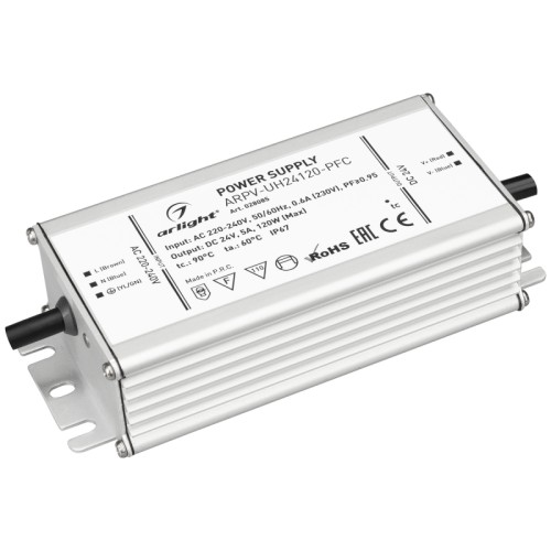 Блок питания ARPV-UH24120-PFC (24V, 5.0A, 120W) (Arlight, IP67 Металл, 7 лет) Источник напряжения с гальванической развязкой для светодиодных изделий. Входное напряжение 220-240 VAC. Выходные параметры: 24 В, 5 А, 120 Вт. Встроенный PFC >0.95. Герметичный алюминиевый корпус IP 67. Рабочая температура -40…+70C⁰. Габаритные размеры длина 158 мм, ширина 67.5 мм, высота 38.5 мм. Гарантийный срок 7 лет.
.