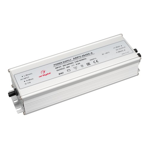 Блок питания ARPV-48400-A (48V, 8.3A, 400W) (Arlight, IP67 Металл, 3 года) Источник напряжения с гальванической развязкой для светодиодных изделий. Входное напряжение 200-240 VAC. Выходные параметры: 48 В, 8,3 А, 400 Вт. Встроенный PFC >0,5. Герметичный алюминиевый корпус IP 67. Рабочая температура -30…+50C⁰. Габаритные размеры длина 238 мм, ширина 74 мм, высота 46 мм. Гарантийный срок 3 года.