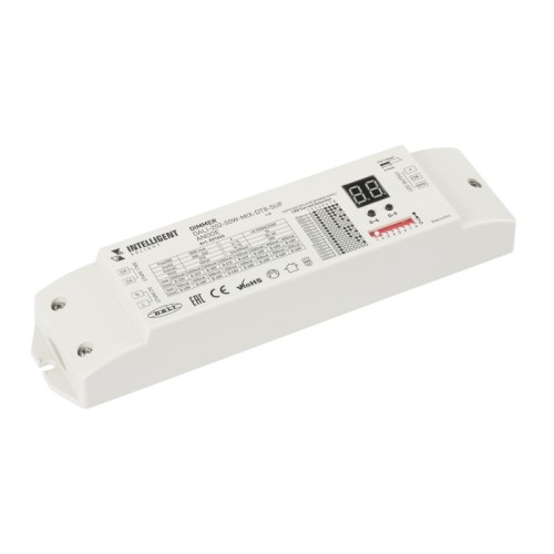 INTELLIGENT ARLIGHT Диммер DALI-202-50W-MIX-DT8-SUF (230V, ANODE, 250-1500mА) (IARL, Пластик) Поставка под заказ от 100 шт. Диммируемый источник тока по протоколу DALI DT8 с гальванической развязкой для MIX (CCT) светильников. Входное напряжение 200-240 VAC. Выходные параметры: 8-52В, 2х 250-1500mA, 50 Вт. Встроенный PFC >0.97. Негерметичный пластиковый корпус IP 20. Габаритные размеры длина 210 мм, ширина 50 мм, высота 32 мм. Подходит для управления светильниками со светодиодами двух цветов свечения (MIX) c общим анодом, "+" Гарантийный срок 5 лет.