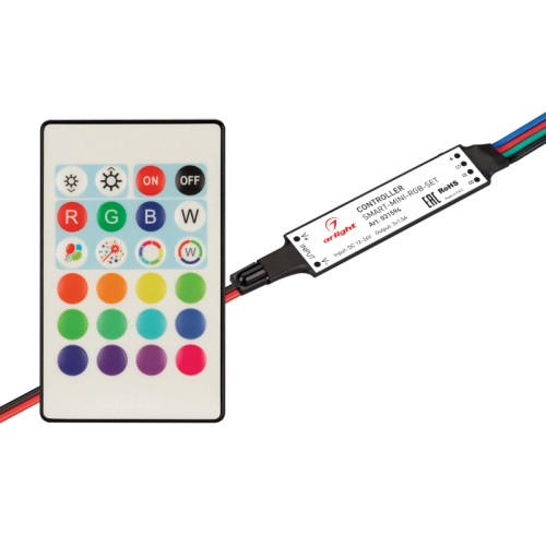 Контроллер SMART-MINI-RGB-SET (12-24V, 3x1.5A, ПДУ 24кн, IR) (Arlight, IP20 Пластик, 5 лет) Комплект миниатюрного контроллера с ИК-пультом для RGB светодиодной ленты (ШИМ). Питание/рабочее напряжение 12-24VDC, максимальный ток 1.5A на канал, 3 канала, максимальная мощность 54-108W. Габариты 75x13x5 мм (Пульт 85х52х7 мм).
