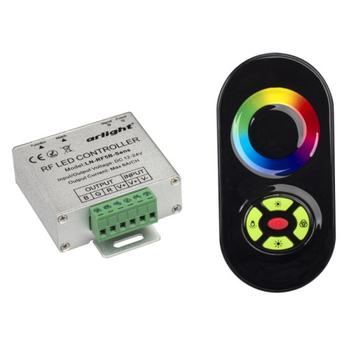 Контроллер LN-RF5B-Sens Black (12-24V,180-360W) (Arlight, IP20 Металл, 1 год) RGB-контроллер (овальный черный радиопульт с 5 кнопками и сенсорным кольцом) Выбор цвета с помощью сенсор. кольца, прямой выбор белого цвета, 12-24V, 180/360W, 5A/канал. 85х65х24мм