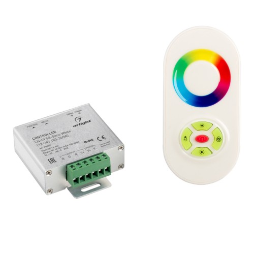 Контроллер LN-RF5B-Sens White (12-24V,180-360W) (Arlight, IP20 Металл, 1 год) RGB-контроллер (овальный белый радиопульт с 5 кнопками и сенсорным кольцом) Выбор цвета с помощью сенсор. кольца, прямой выбор белого цвета, 12-24V, 180/360W, 5A/канал. 85х65х24мм. Сохраняет состояние при выкл. питания. Если был выключен с пульта - в момент подачи питания происходит вспышка и затем выключение.
