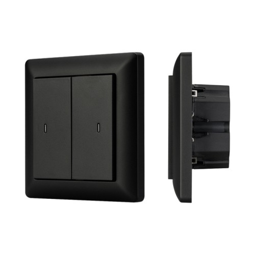 Панель Knob SR-KN0220-IN Graphite (KNX, DIM) (Arlight, -) Универсальная двухклавишная встраиваемая настенная панель стандарта KNX с четырьмя кнопками. Цвет корпуса графит. Питание от шины KNX DC 21-30V. Размер 86х86х45 мм.