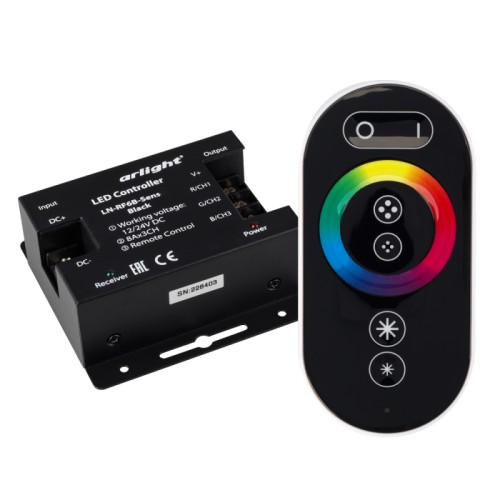 Контроллер LN-RF6B-Sens Black (12-24V, 3x8A) (Arlight, IP20 Металл, 1 год) RGB-контроллер (овальный черный радиопульт с 6 кнопками и сенсорным кольцом) Выбор цвета с помощью сенсор. кольца, 12-24V, 288-576W, 8A/канал. Размеры 83x79x33 мм