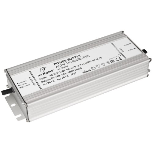 Блок питания ARPV-UH48480-PFC (48V, 10A, 480W) (Arlight, IP67 Металл, 7 лет) Источник напряжения с гальванической развязкой для светодиодных изделий. Входное напряжение 220-240 VAC. Выходные параметры: 48 В, 10 А, 480 Вт. Встроенный PFC >0,95. Герметичный алюминиевый корпус IP 67. Рабочая температура -40…+70C⁰. Габаритные размеры длина 251 мм, ширина 90 мм, высота 41.5 мм. Гарантийный срок 7 лет.