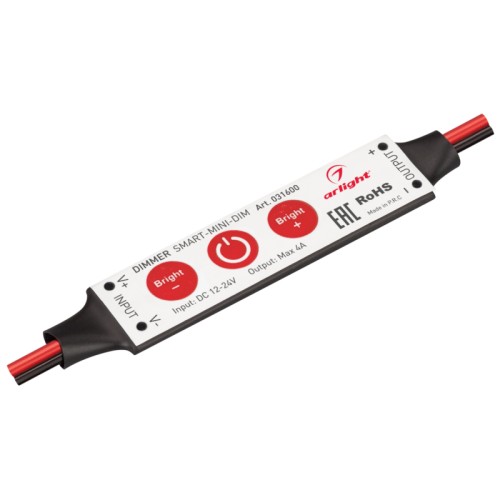 Диммер SMART-MINI-DIM (12-24V, 1x4A) (Arlight, IP20 Пластик, 5 лет) Миниатюрный диммер для монохромной светодиодной ленты (ШИМ). Питание/рабочее напряжение 12-24VDC, максимальный ток 4A на канал, 1 канал, максимальная мощность 49-96W. Габариты 60x12.5x5 мм. Управление кнопками на корпусе диммера.