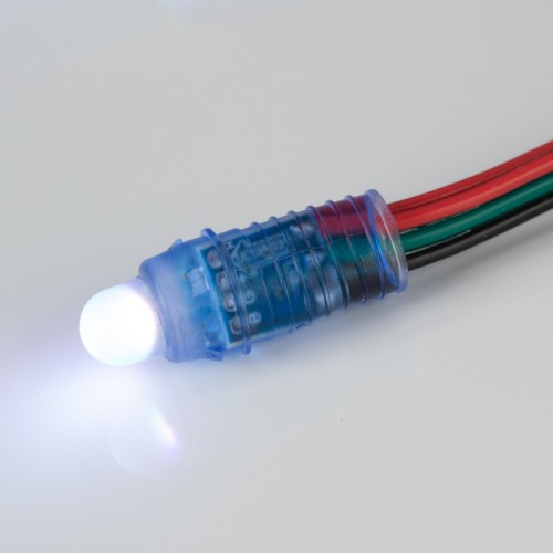 Герметичный флэш-модуль ARL-D12 5V RGB (Arlight, Пластик, 1 год) Управляемый светодиодный модуль SPI, RGB, микросхема 1903, напряжение 5 В, мощность 0.3 Вт, 1 светодиод DIP 8 мм, угол 180°. 50 шт на проводе, расстояние между модулями 80 мм. IP 67. Размер Ø12×33 мм. Гарантия 1 год.