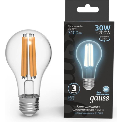 Лампа светодиодная филаментная Gauss E27 30W 2700K прозрачная 102902230 