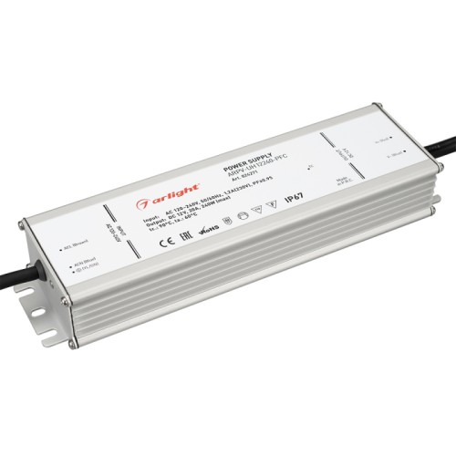 Блок питания ARPV-UH12240-PFC (12V, 20.0A, 240W) (Arlight, IP67 Металл, 7 лет) Поставка под заказ от 300 шт. Источник напряжения с гальванической развязкой для светодиодных изделий. Входное напряжение 120-240 VAC. Выходные параметры: 12 В, 20 А, 240 Вт. Встроенный PFC >0,95. Герметичный алюминиевый корпус IP 67. Рабочая температура -40…+70C⁰. Габаритные размеры длина 251 мм, ширина 67.5 мм, высота 38.5 мм. Гарантийный срок 7 лет.