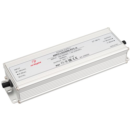 Блок питания ARPV-LG24250-PFC-A (24V, 10.4A, 250W) (Arlight, IP67 Металл, 5 лет) Источник напряжения с гальванической развязкой для светодиодных изделий. Входное напряжение 100-240 VAC. Выходные параметры: 24 В, 10.4 А, 250 Вт. Встроенный PFC >0,95. Герметичный алюминиевый корпус IP 67. Рабочая температура -40…+70C⁰. Габаритные размеры длина 219 мм, ширина 67.5 мм, высота 35.5 мм. Гарантийный срок 5 лет.