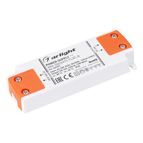 Блок питания ARV-SN24015-FLAT-B (24V, 0.63A, 15W) (Arlight, IP20 Пластик, 3 года) Источник напряжения с гальванической развязкой для светодиодных изделий. Входное напряжение 200-240 VAC. Выходные параметры: 24 В, 0.63 А, 15 Вт. Встроенный PFC >0.5. Негерметичный пластиковый корпус IP 20. Габаритные размеры длина 103 мм, ширина 36 мм, высота 16 мм . Гарантийный срок 3 года.