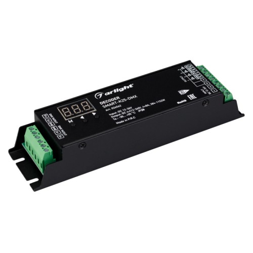 Декодер SMART-K25-DMX (12-36V, 4x8A) (Arlight, IP20 Металл, 5 лет) Декодер DMX512 для трансляции DMX512 сигнала ШИМ(PWM) устройствам. Питание 12-36VDC. 4 канала, ток нагрузки 4x8A, мощность нагрузки 384-1152W. Входной сигнал DMX512, выходной сигнал ШИМ(PWM). Терминальные клеммы подключения. Размер 175х46х32 мм.
