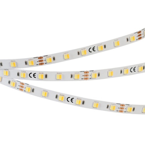 Лента RT-B60-10mm 24V White-MIX 2Ch (14.4 W/m, IP20, 5060, 5m) (Arlight, Изменяемая ЦТ) Светодиодная лента RT-B60, открытая IP20. Светодиоды 5060, 60шт/м (300шт на 5м), белая плата, ширина 10мм, скотч 3М. Цвет БЕЛЫЙ 6000K + ТЕПЛЫЙ 3000K, цветопередача CRI>80, угол 120°. Питание 24 В, мощность 14,4 Вт/м (72 Вт на 5м). Размеры 5000х10х2,2мм. Мин.отрезок 100 мм, 6 светодиодов. Цена за 1м.