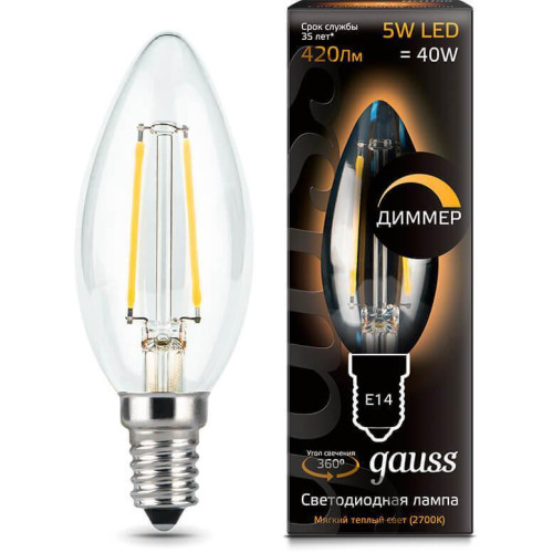 Лампа светодиодная диммируемая Gauss филаментная E14 5W 2700К прозрачная 103801105-D 