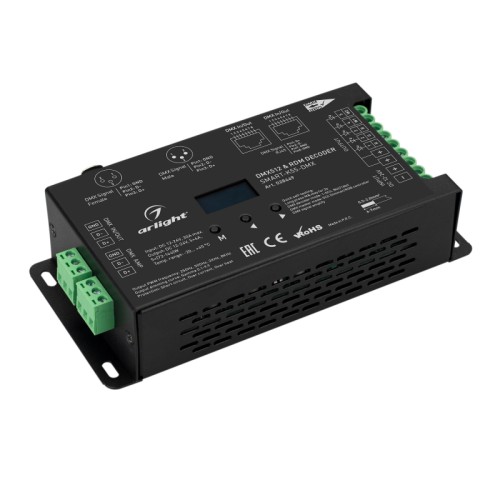 Декодер SMART-K55-DMX (12-24V, 5x6A, XLR3) (Arlight, Металл) Декодер DMX512 для трансляции DMX512 сигнала ШИМ(PWM) устройствам. Питание 12-24VDC. 5 каналов, ток нагрузки 5x6A, мощность нагрузки 360-720W. Входной сигнал DMX512 (XLR3, RJ45 терминальные клеммы), выходной сигнал ШИМ(PWM) (терминальные клеммы). OLED дисплей. Размер 170х86х40 мм.