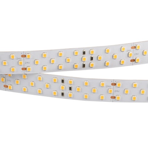 Лента RT 2-5000 24V Warm2700 3x2 (2835, 1260 LED, LUX) (Arlight, 27 Вт/м, IP20) Гибкая лента LUX, светодиоды smd 2835, 252 шт/м (1260шт на 5м), белая плата 19 мм, скотч 3М. Цвет ТЕПЛЫЙ 2600-2800K. Питание 24V, мощность 27 Вт/м (135 Вт на 5м), угол 120°, цветопередача CRI>85. Размеры 5000х19x1.5мм. Мин.отрезок 83.33мм, 21 светодиод. Цена за 1м.