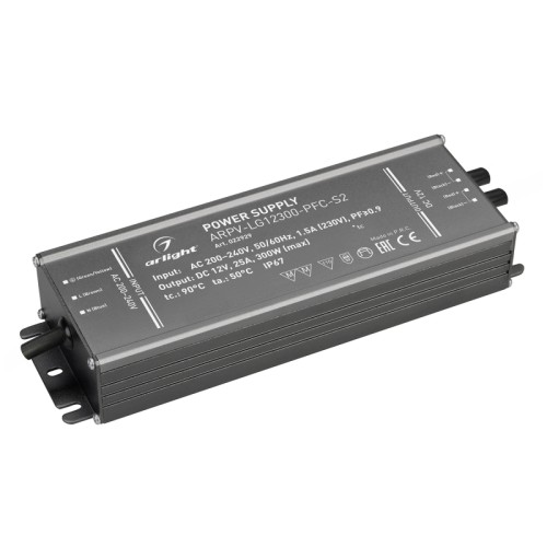 Блок питания ARPV-LG12300-PFC-S2 (12V, 25.0A, 300W) (Arlight, IP67 Металл, 5 лет) Источник напряжения с гальванической развязкой для светодиодных изделий. Входное напряжение 200-240 VAC. Выходные параметры: 12 В, 25 А, 300 Вт. Встроенный PFC >0,9. Герметичный алюминиевый корпус IP 67. Рабочая температура -40…+50C⁰. Габаритные размеры длина 225 мм, ширина 73 мм, высота 38 мм. Гарантийный срок 5 лет.