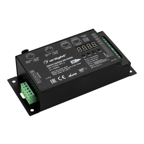 Декодер DMX SR-2108A-M5-3 (12-36V, 480-1440W, 5CH) (Arlight, IP20 Металл, 3 года) 5-ти канальный RDM DMX512 декодер. Максимальный ток на канал 8A, макс.общая мощность 480W при 12V, 960W при 24V. Разъемы RJ45 , 3PIN XLR. Выход PWM 8 bits, 16 bits.
Рабочий диапазон PWM 900HZ~30KHZ. Гамма-коррекция 0.1-9.9. Заменяется на 028449.