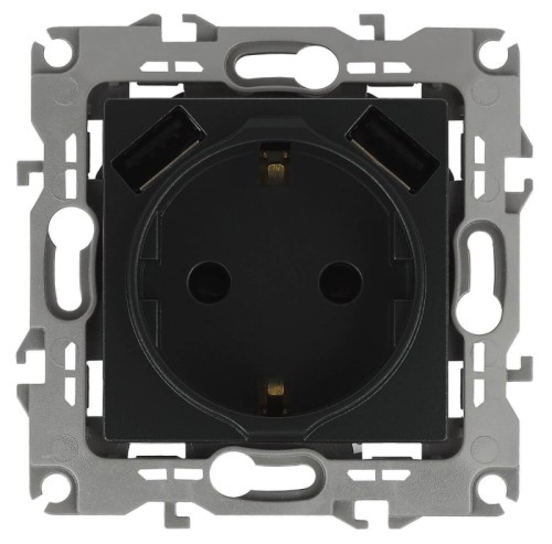Розетка ЭРА Intro Solo Schuko P+E 16A 250V со шторками 2хUSB антрацит 12-4109-05 Б0047844 