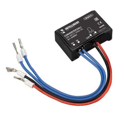 INTELLIGENT ARLIGHT Конвертер DALI-309-BCST-MINI-IN (DALI bus) (IARL, Пластик) Миниатюрный встраиваемый конвертер DALI для внешних кнопок, выключателей. Питание по шине DALI, выход - сигнал DALI, BROADCAST. Размер 32x12x20 мм.