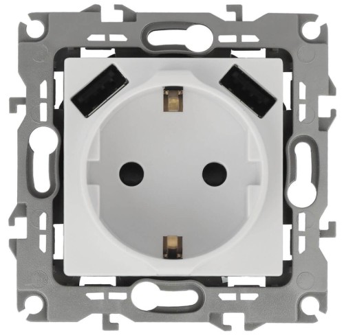 Розетка ЭРА Intro Solo Schuko P+E 16A 250V со шторками 2хUSB белый 12-4109-01 Б0047840 