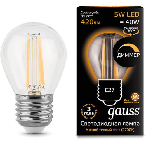 Лампа светодиодная диммируемая Gauss филаментная E27 5W 2700К прозрачная 105802105-D 