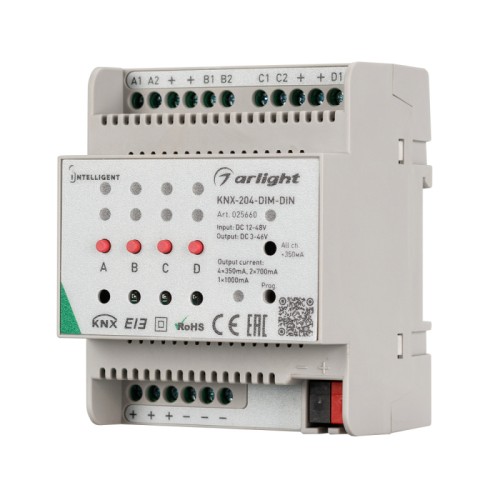 INTELLIGENT ARLIGHT Диммер KNX-204-DIM-DIN (12-48V, 8x0.35/4x0.7/2x1A) (IARL, IP20 Пластик, 2 года) Универсальный диммер стандарта KNX с токовым выходом для установки на DIN-рейку. Возможность ручного управления. Питание DC 12-48V, ток нагрузки 350/700/1000 mA на канал, 4/2/1 канала управления. Мощность 16.8-134.4 W.