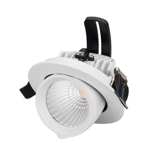 Светильник LTD-EXPLORER-R100-12W Day4000 (WH, 38 deg) (Arlight, IP20 Металл, 3 года) Встраиваемый поворотно-выдвижной светильник. Мощность 12 Вт, св. поток 1020 лм, 85 лм/Вт, дневной 4000 K, CRI>90, угол 38°, напряжение питания 230 В. Белый круглый корпус из алюминия, экран стекло, степень защиты IP20. Угол поворота 350°, угол наклона 45°. Размер: диаметр 99 мм, высота 85 мм. Монтаж встраиваемый, установочное отверстие: диаметр 90 мм. Драйвер 20-40 В, 300 мА, пульсация 