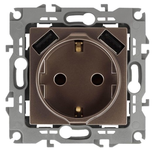 Розетка ЭРА Intro Solo Schuko P+E 16A 250V со шторками 2хUSB бронза 12-4109-13 Б0047847 